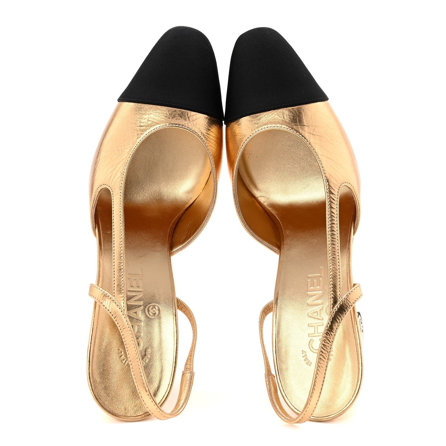 LAMINATED CRUMPLED LAMBSKIN GROSGRAIN CAP TOE CC SLINGBACK PUMPS GOLD BLACK