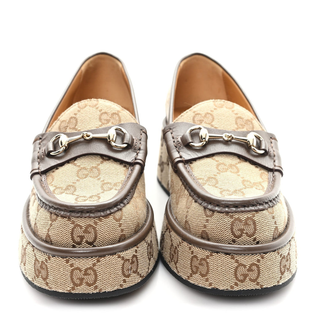 MONOGRAM HORSEBIT CALFSKIN WOMENS HORSEBIT WEDGE PLATFORM LOAFERS BEIGE EBONY