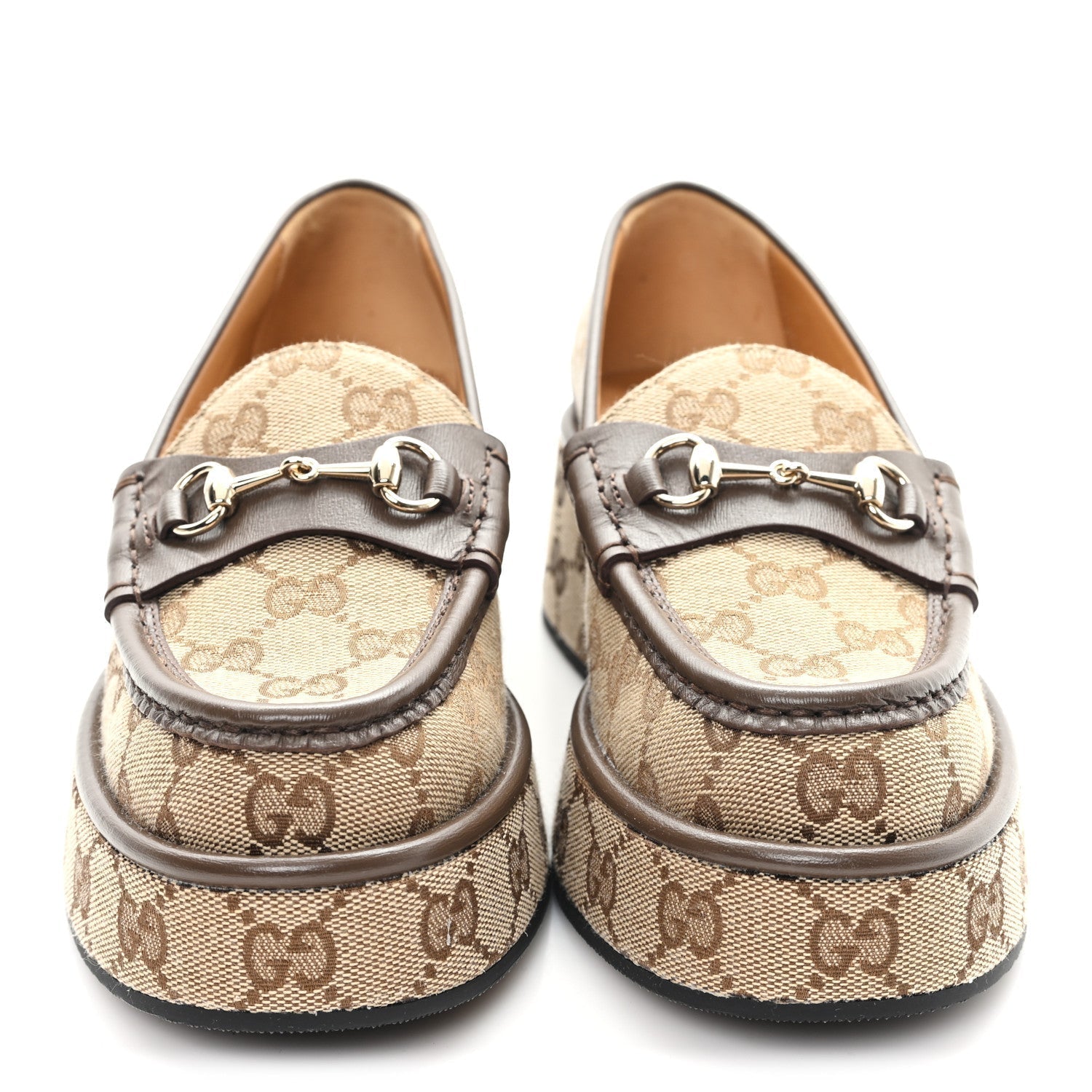 MONOGRAM HORSEBIT CALFSKIN WOMENS HORSEBIT WEDGE PLATFORM LOAFERS BEIGE EBONY