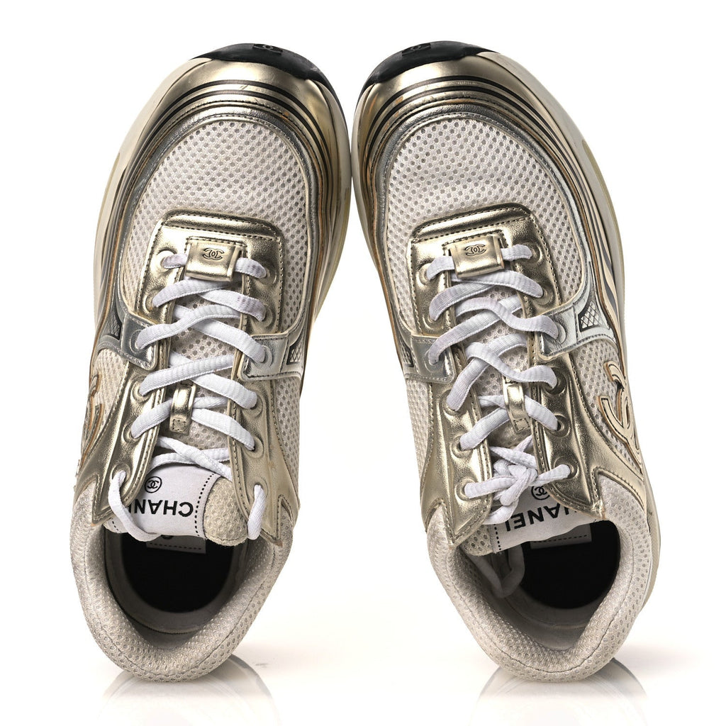 FABRIC LAMINATED CALFSKIN STRETCH CC SNEAKERS WHITE GOLD SILVER