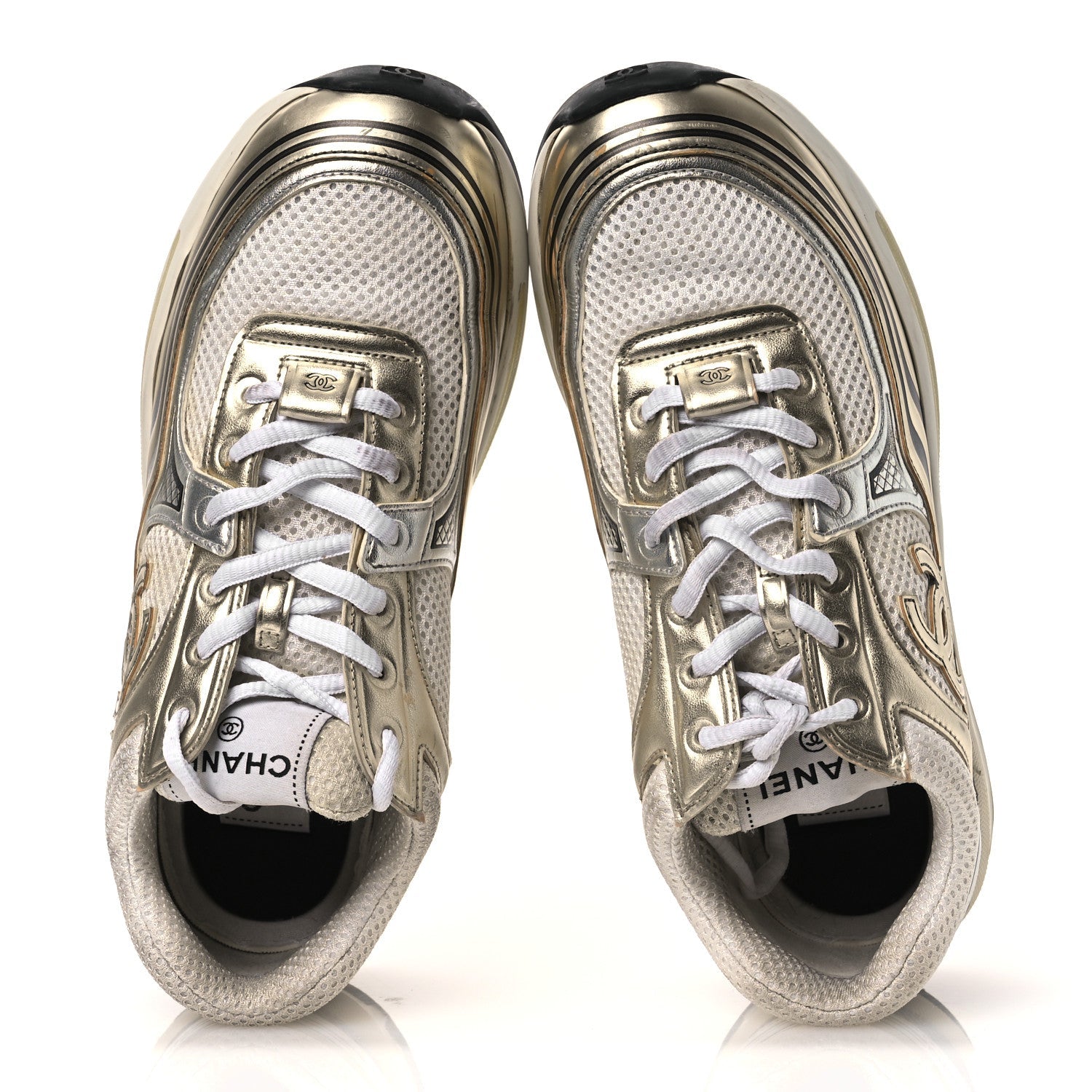 FABRIC LAMINATED CALFSKIN STRETCH CC SNEAKERS WHITE GOLD SILVER