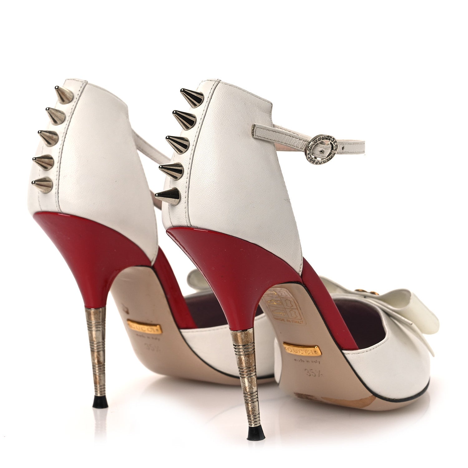 CALFSKIN CRYSTAL GG BOW SADIE SPIKE ANKLE STRAP D'ORSAY HIGH HEEL PUMPS WHITE