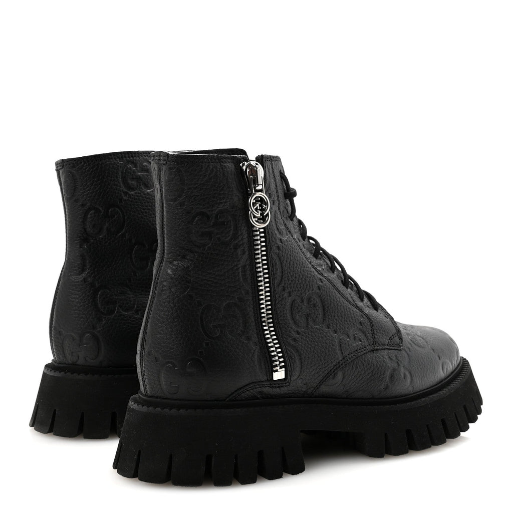 CALFSKIN EMBOSSED MONOGRAM MENS LACE UP ANKLE BOOTS BLACK