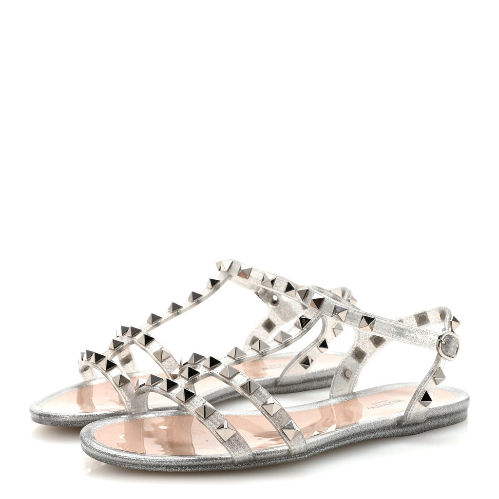 PVC JELLY GLITTER ROCKSTUD CAGED FLAT THONG SANDALS SILVER