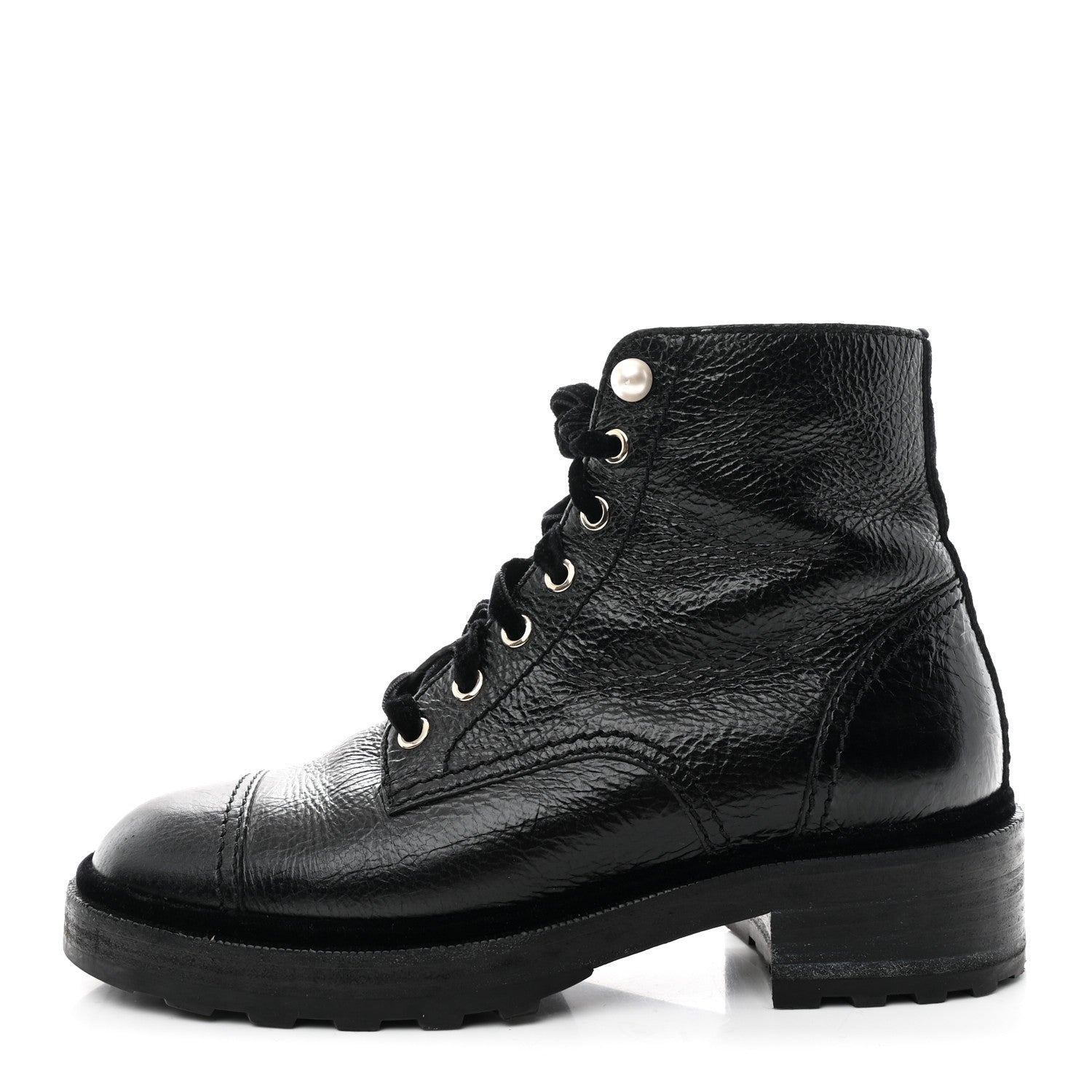 SHINY CALFSKIN VELVET PEARL COMBAT SHORT BOOTS BLACK