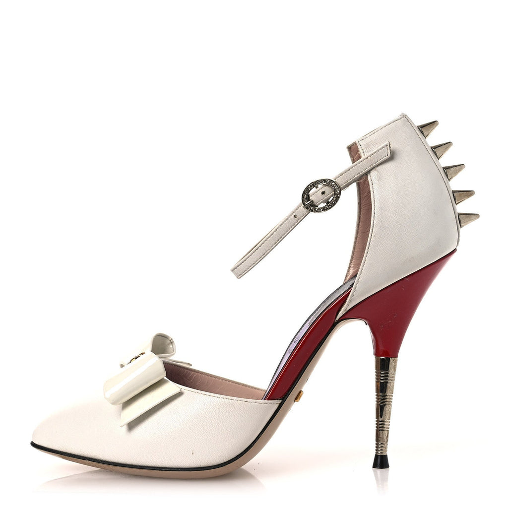 CALFSKIN CRYSTAL GG BOW SADIE SPIKE ANKLE STRAP D'ORSAY HIGH HEEL PUMPS WHITE