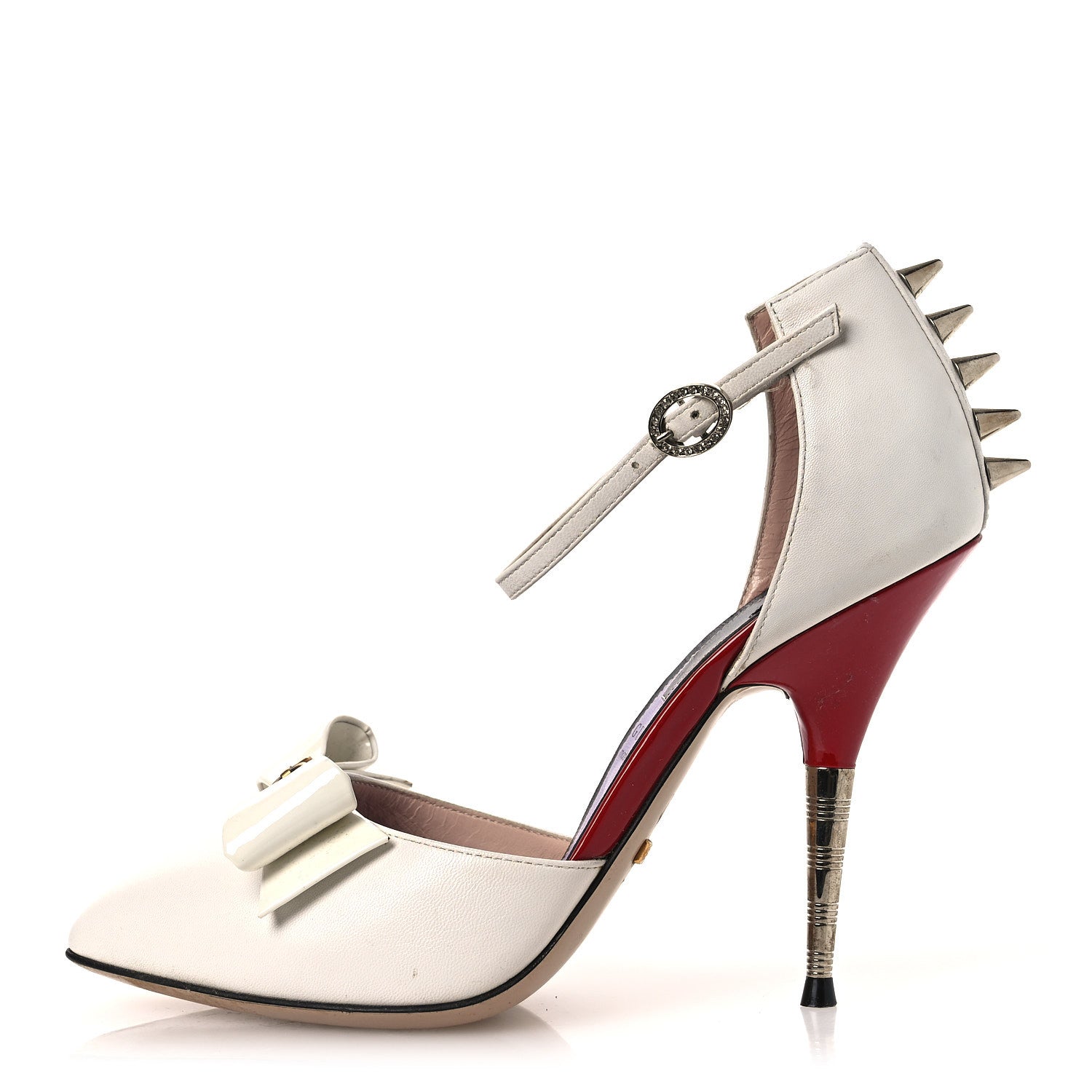 CALFSKIN CRYSTAL GG BOW SADIE SPIKE ANKLE STRAP D'ORSAY HIGH HEEL PUMPS WHITE