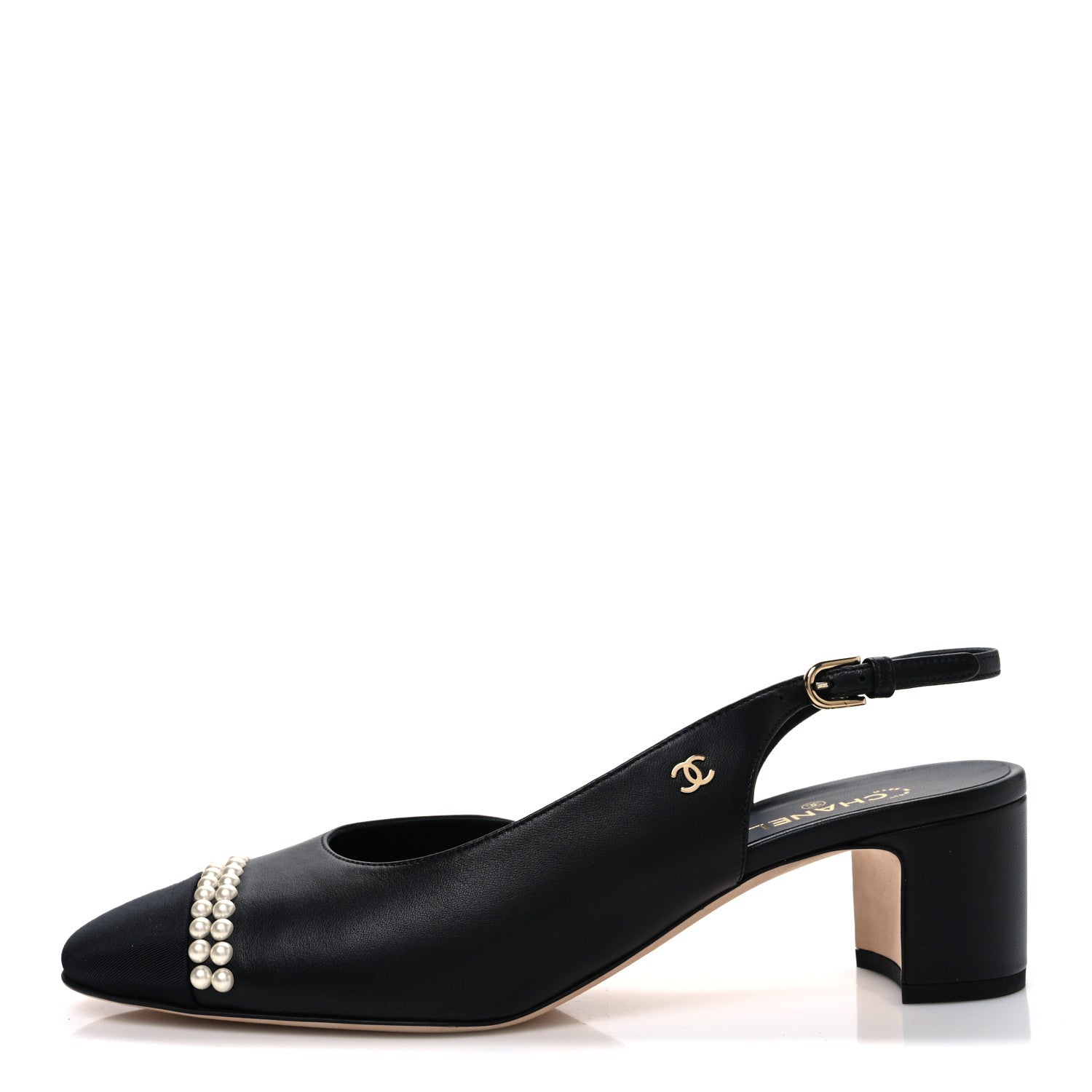 LAMBSKIN GROSGRAIN PEARL CAP TOE CC SLINGBACK PUMPS BLACK