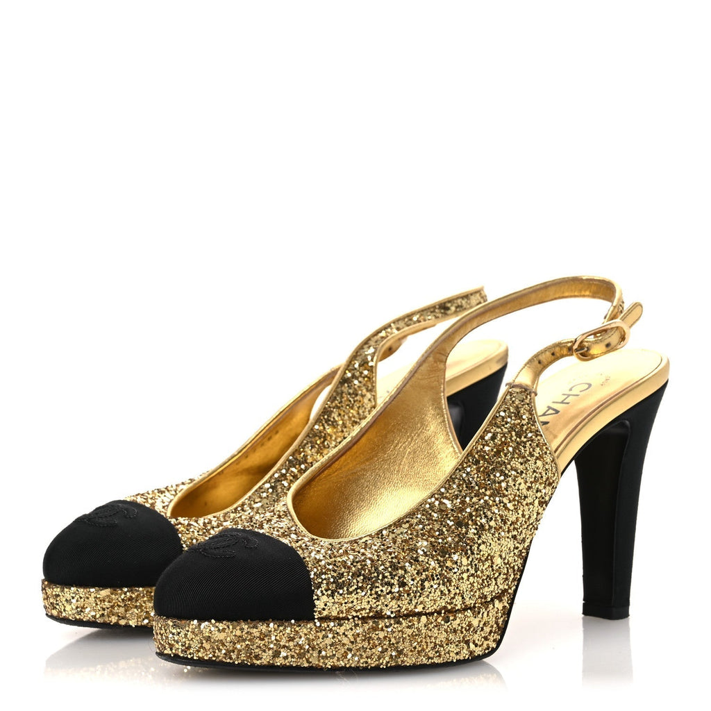 GLITTER GROSGRAIN CAP TOE CC SLINGBACK PUMPS GOLD BLACK