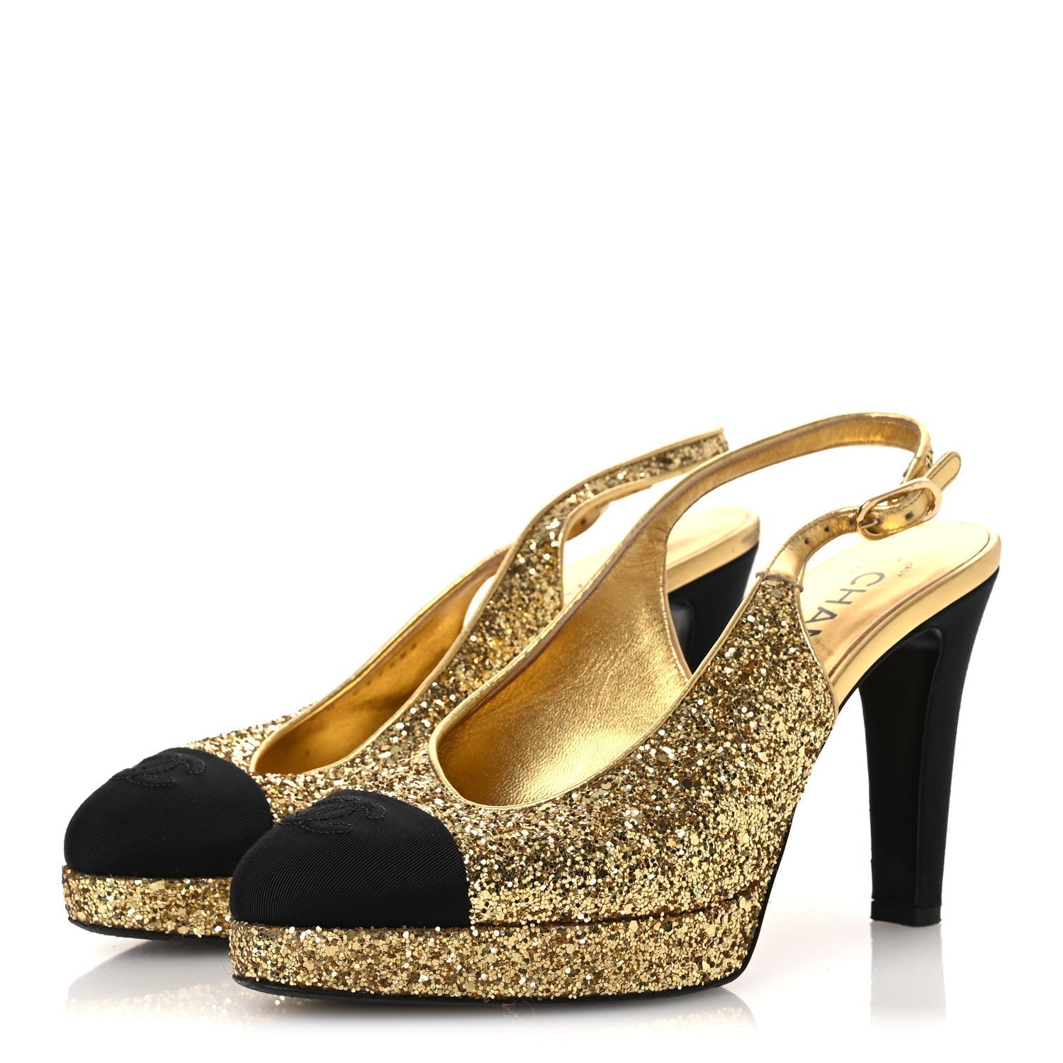 GLITTER GROSGRAIN CAP TOE CC SLINGBACK PUMPS GOLD BLACK