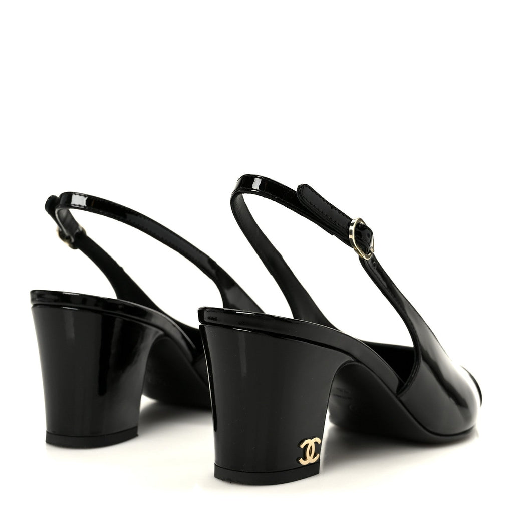 PATENT CALFSKIN CAP TOE CC SLINGBACK PUMPS BLACK
