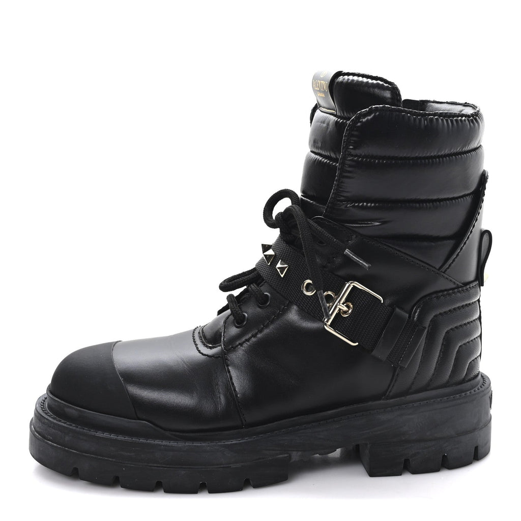 CALFSKIN NYLON QUILTED WATERPROOF ROCKSTUD COMBAT BOOTS BLACK