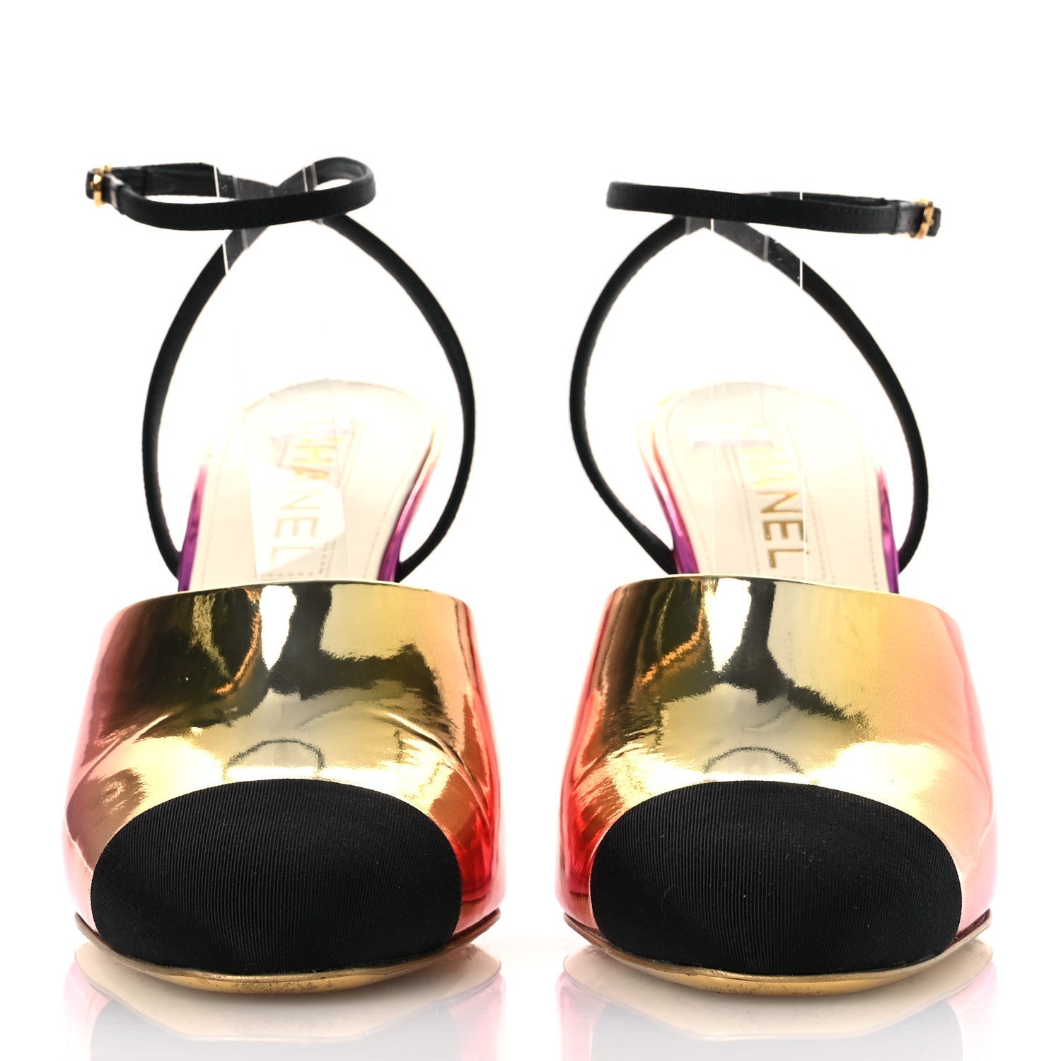 LAMINATED CALFSKIN GROSGRAIN CAP TOE CC WEDGE PUMPS PINK ORANGE YELLOW BLACK