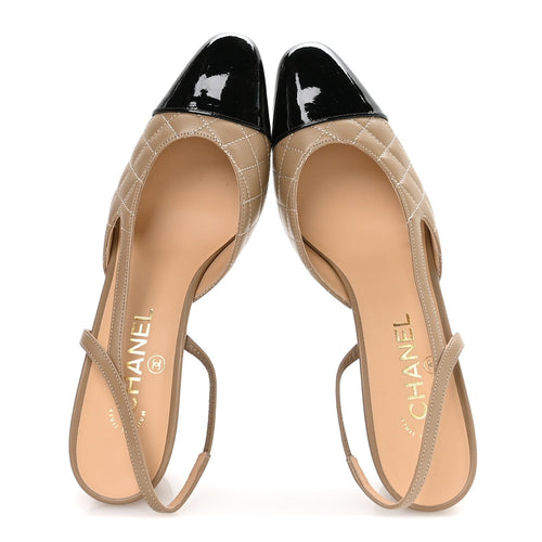 CHANEL BEIGE BLACK CAP TOE CC SLINGBACK PUMPS BEIGE