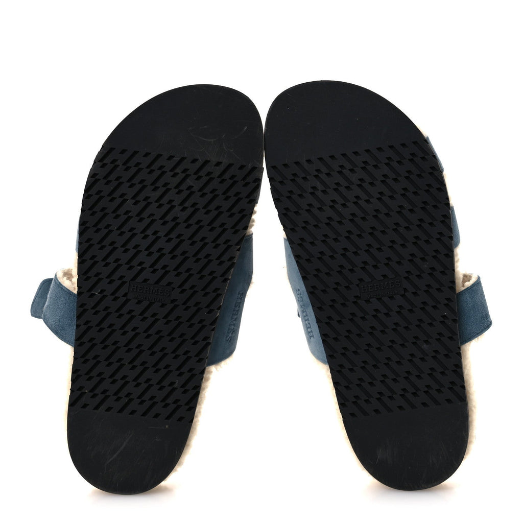 SUEDE GOATSKIN WOOLSKIN WOMENS CHYPRE SANDALS BLEU PINEDE ECRU