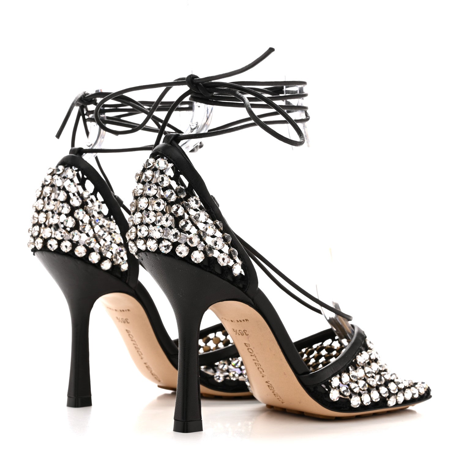 MESH NAPPA CRYSTAL EMBELLISHED SPARKLE STRETCH ANKLE TIE SANDALS BLACK