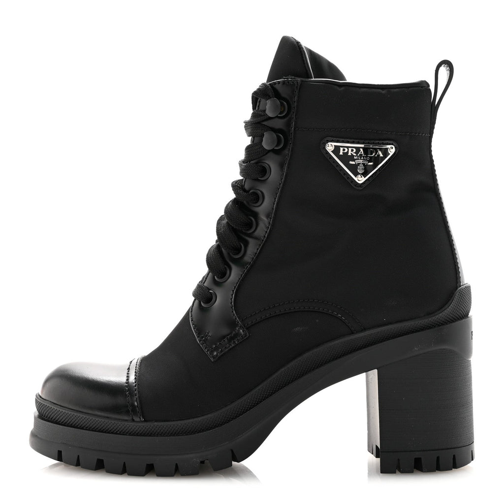 SPAZZOLATO RE-NYLON METAL TRIANGLE LOGO LACE UP 85MM ANKLE BOOTS BLACK