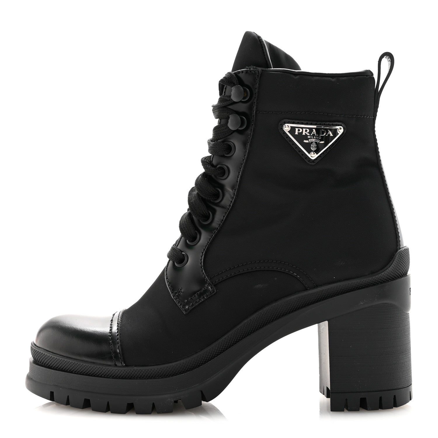 SPAZZOLATO RE-NYLON METAL TRIANGLE LOGO LACE UP 85MM ANKLE BOOTS BLACK