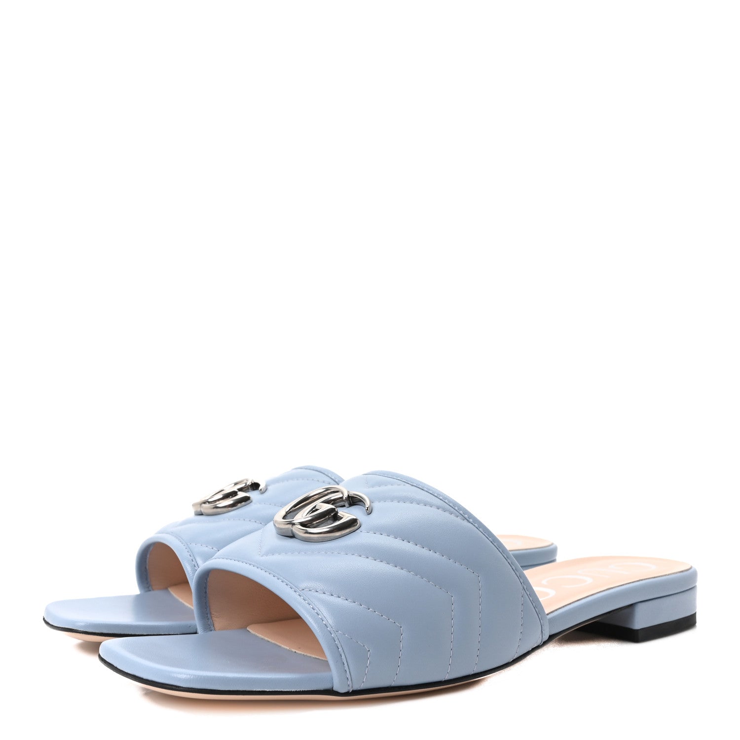 NAPPA MATELASSE GG MARMONT FLAT SLIDE SANDALS PORCELAIN LIGHT BLUE