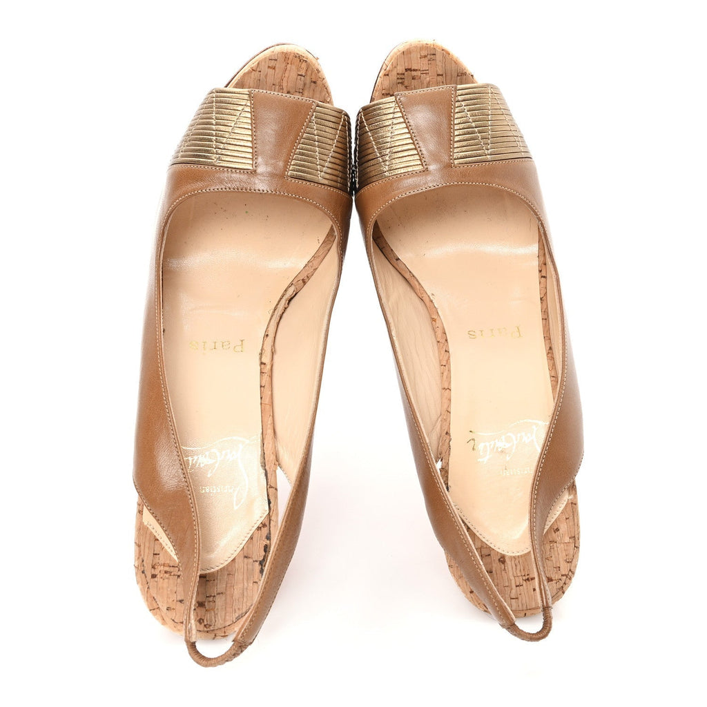 NAPPA CORK MOYEN EMPIRE PLATFORM SLINGBACK PEEP TOE PUMPS BROWN GOLD