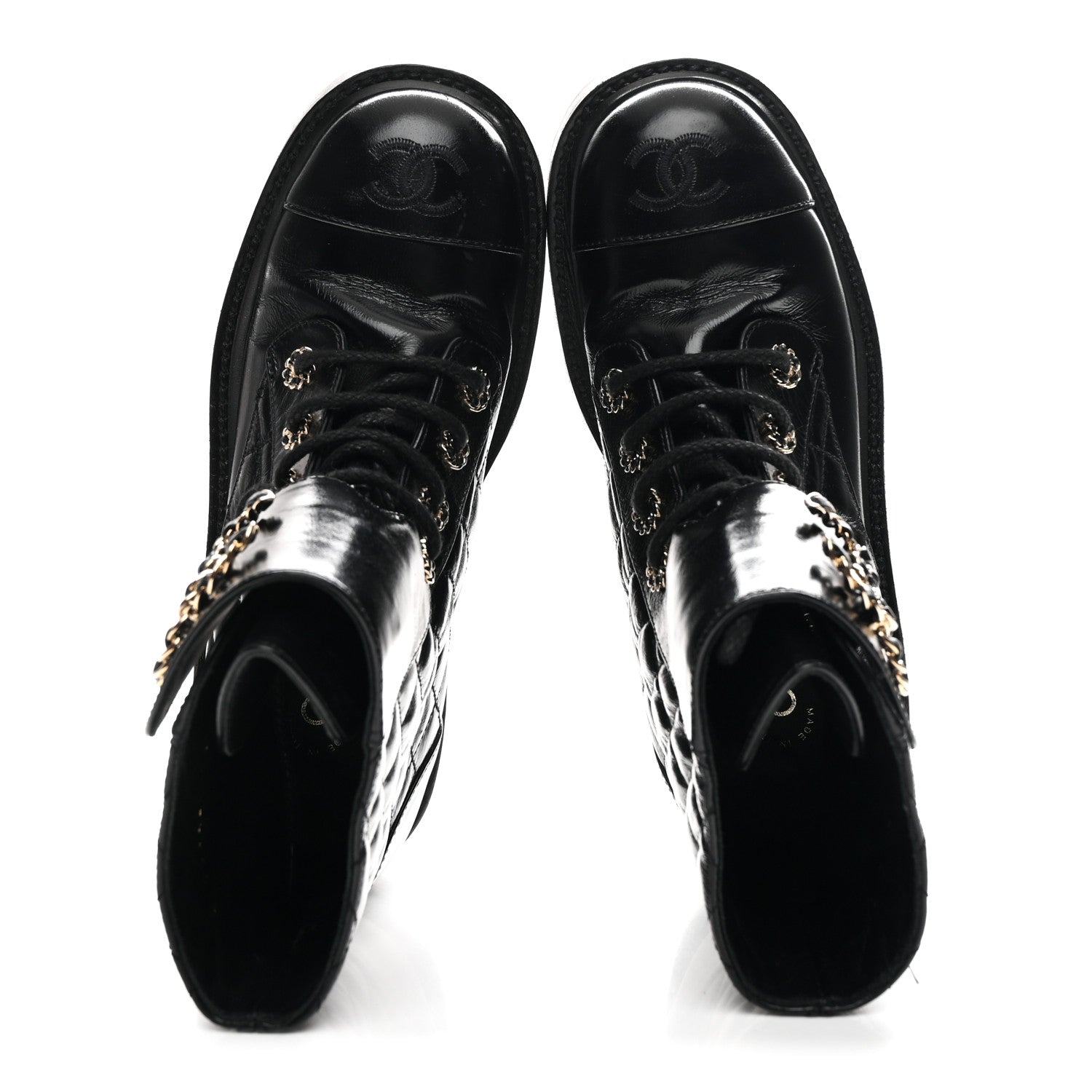 SHINY CALFSKIN QUILTED LACE UP COMBAT BOOTS BLACK