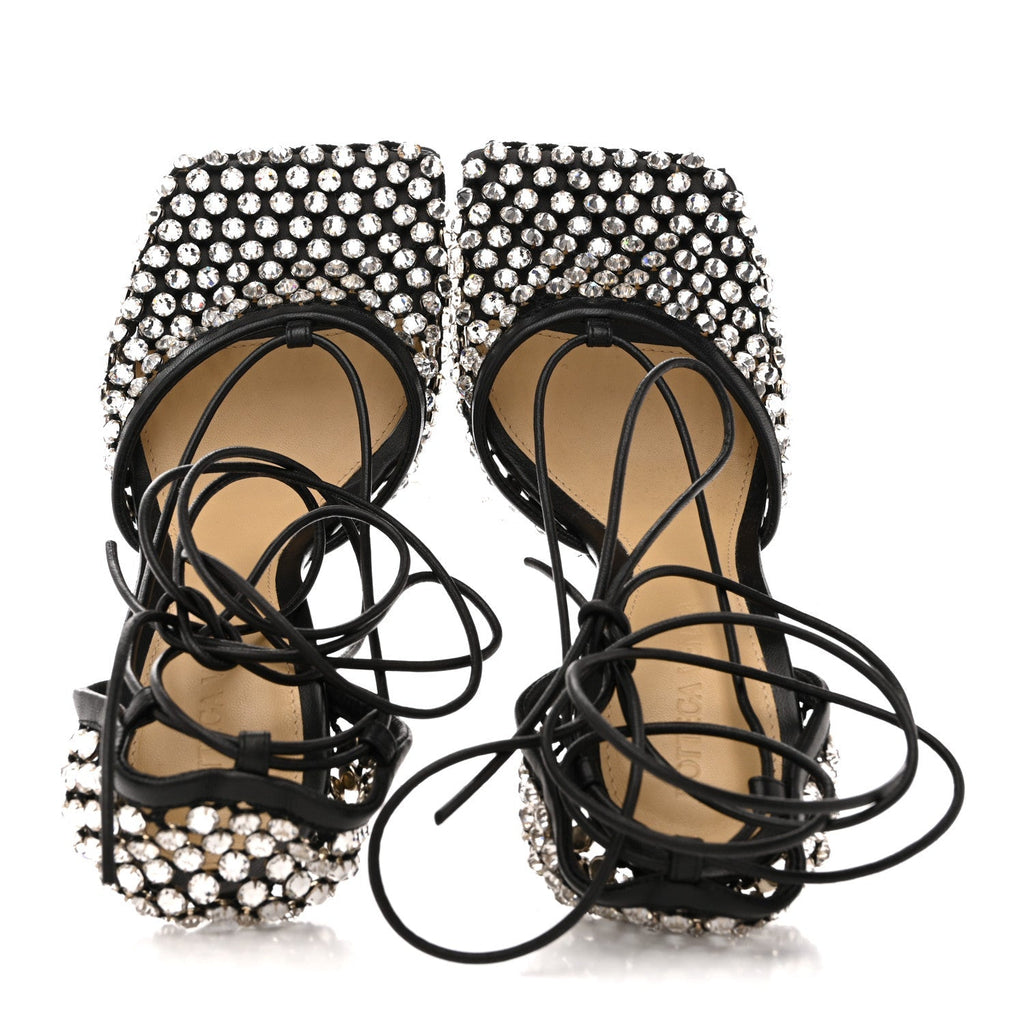 MESH NAPPA CRYSTAL EMBELLISHED SPARKLE STRETCH ANKLE TIE SANDALS BLACK