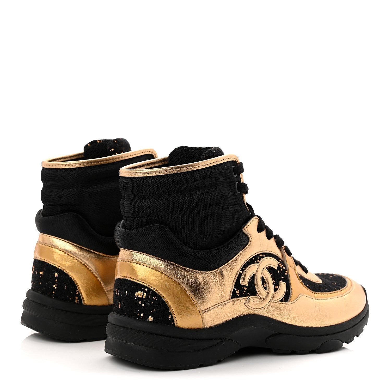 SATIN LAMBSKIN FABRIC TWEED CC HIGH TOP SNEAKERS BLACK GOLD