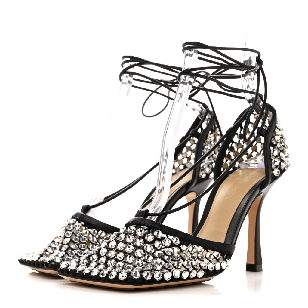 MESH NAPPA CRYSTAL EMBELLISHED SPARKLE STRETCH ANKLE TIE SANDALS BLACK