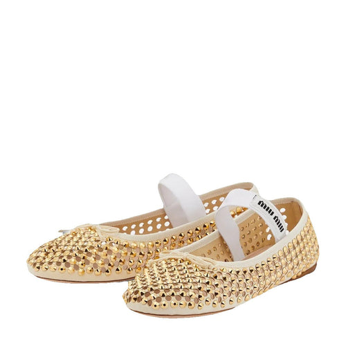 Miu Miu Nappa Ruched Ballet Flats - Gold with Studs