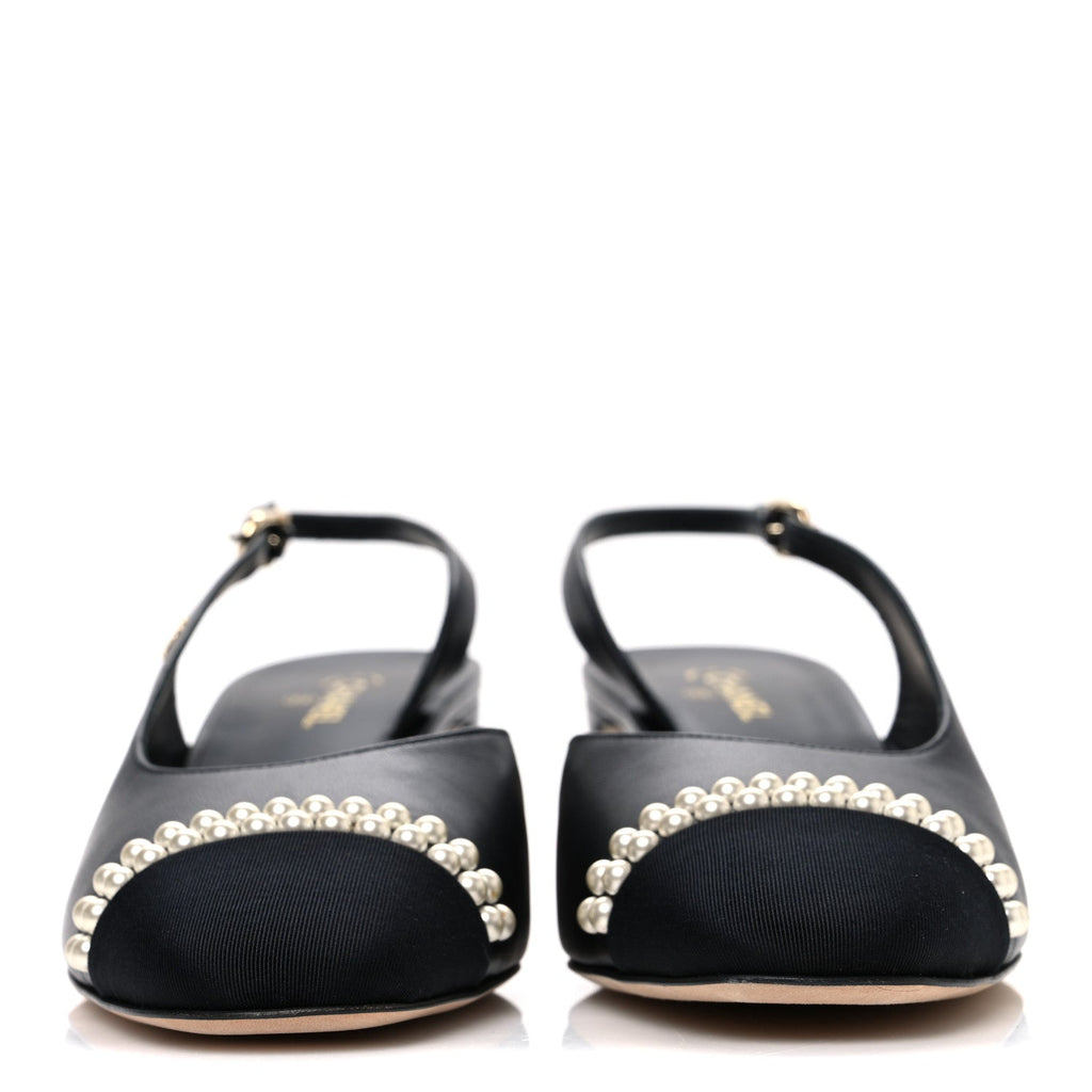 LAMBSKIN GROSGRAIN PEARL CAP TOE CC SLINGBACK PUMPS BLACK