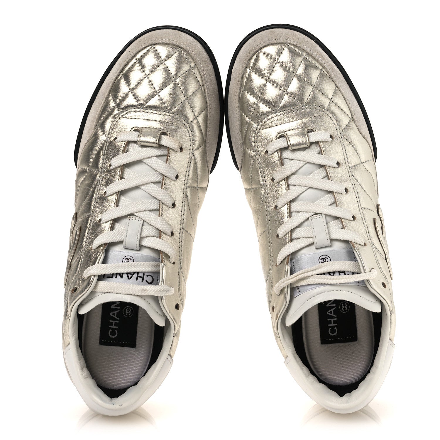 LAMINATED CALFSKIN SUEDE QUILTED WOMENS CC SNEAKERS SILVER WHITE