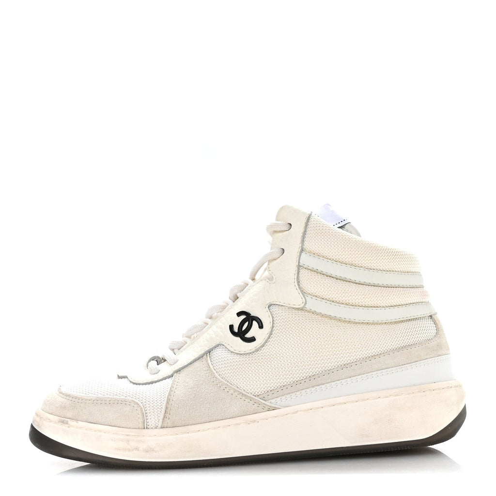 SUEDE FABRIC GRAINED CALFSKIN WOMENS CC HIGH TOP SNEAKERS WHITE