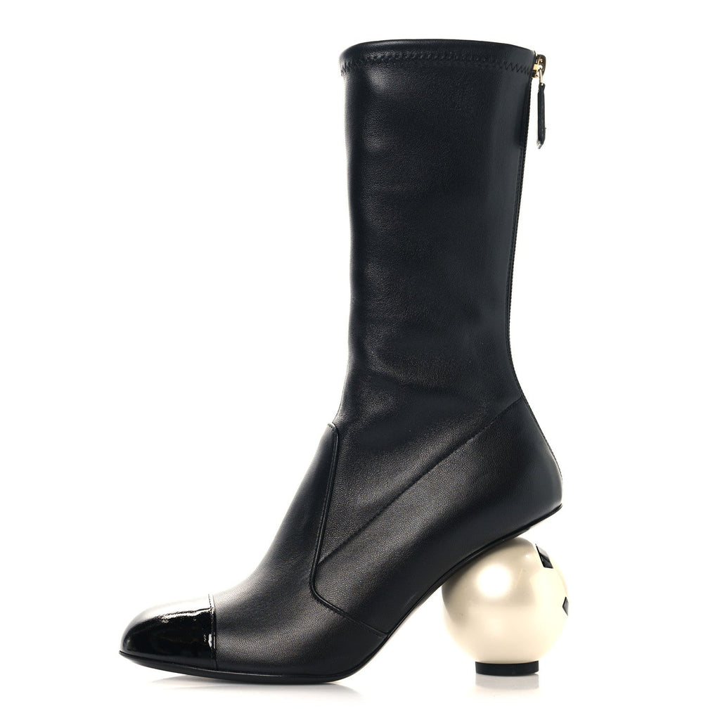 STRETCH LAMBSKIN PATENT CAP TOE PEARL BALL MID CALF BOOTS BLACK