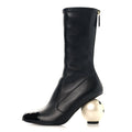 STRETCH LAMBSKIN PATENT CAP TOE PEARL BALL MID CALF BOOTS BLACK