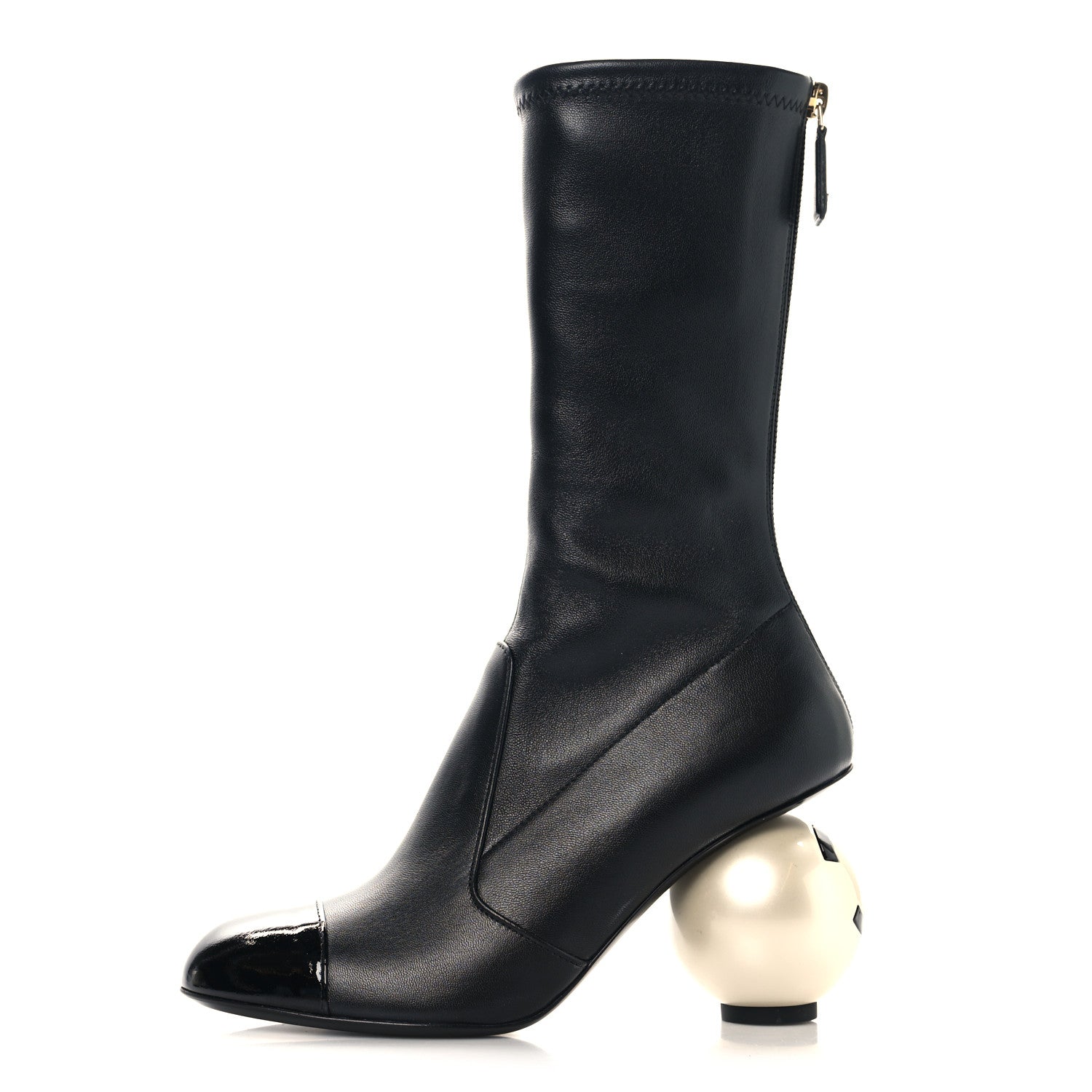STRETCH LAMBSKIN PATENT CAP TOE PEARL BALL MID CALF BOOTS BLACK