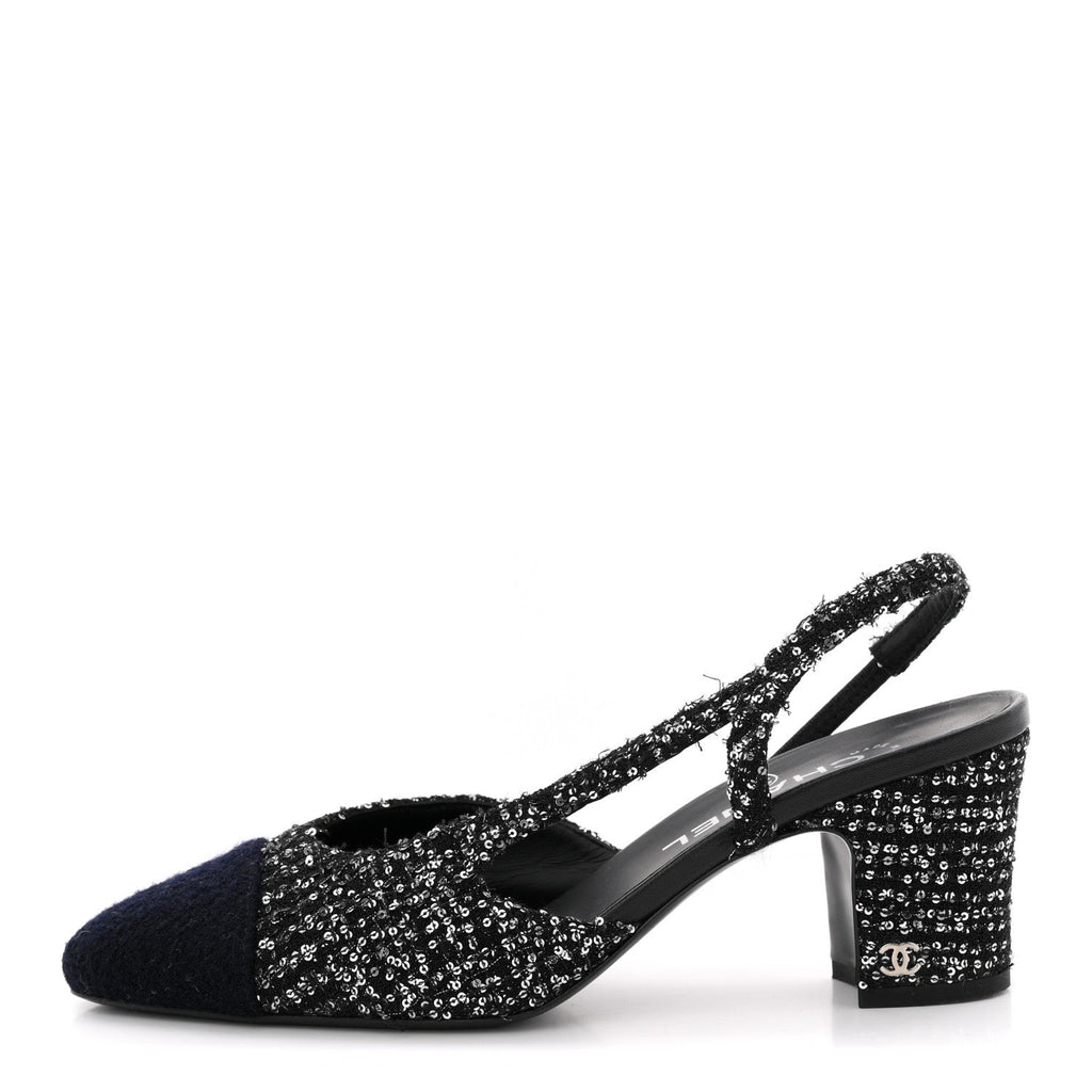 TWEED SEQUIN CAP TOE CC SLINGBACK PUMPS BLACK WHITE SILVER