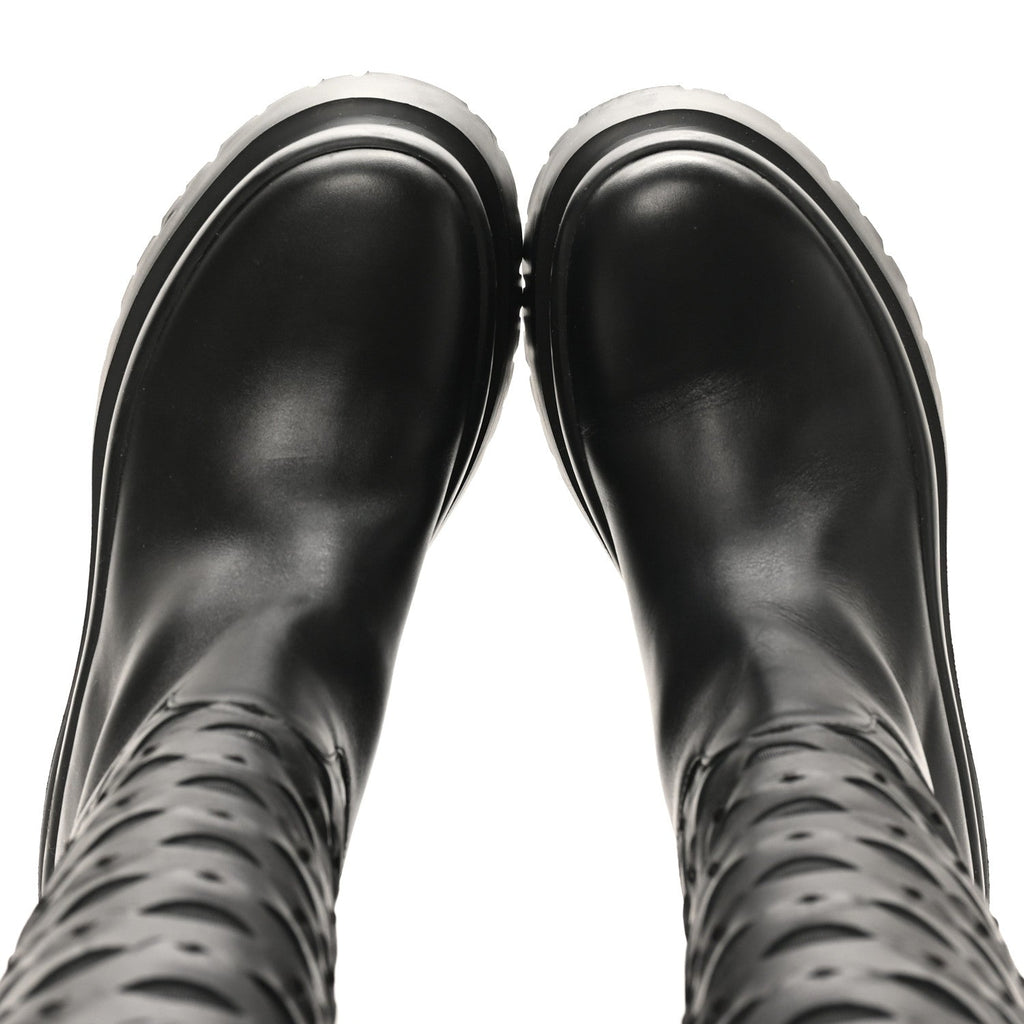 CALFSKIN MESH ROMAN STUD LASER CUT KNEE HIGH BOOTS BLACK