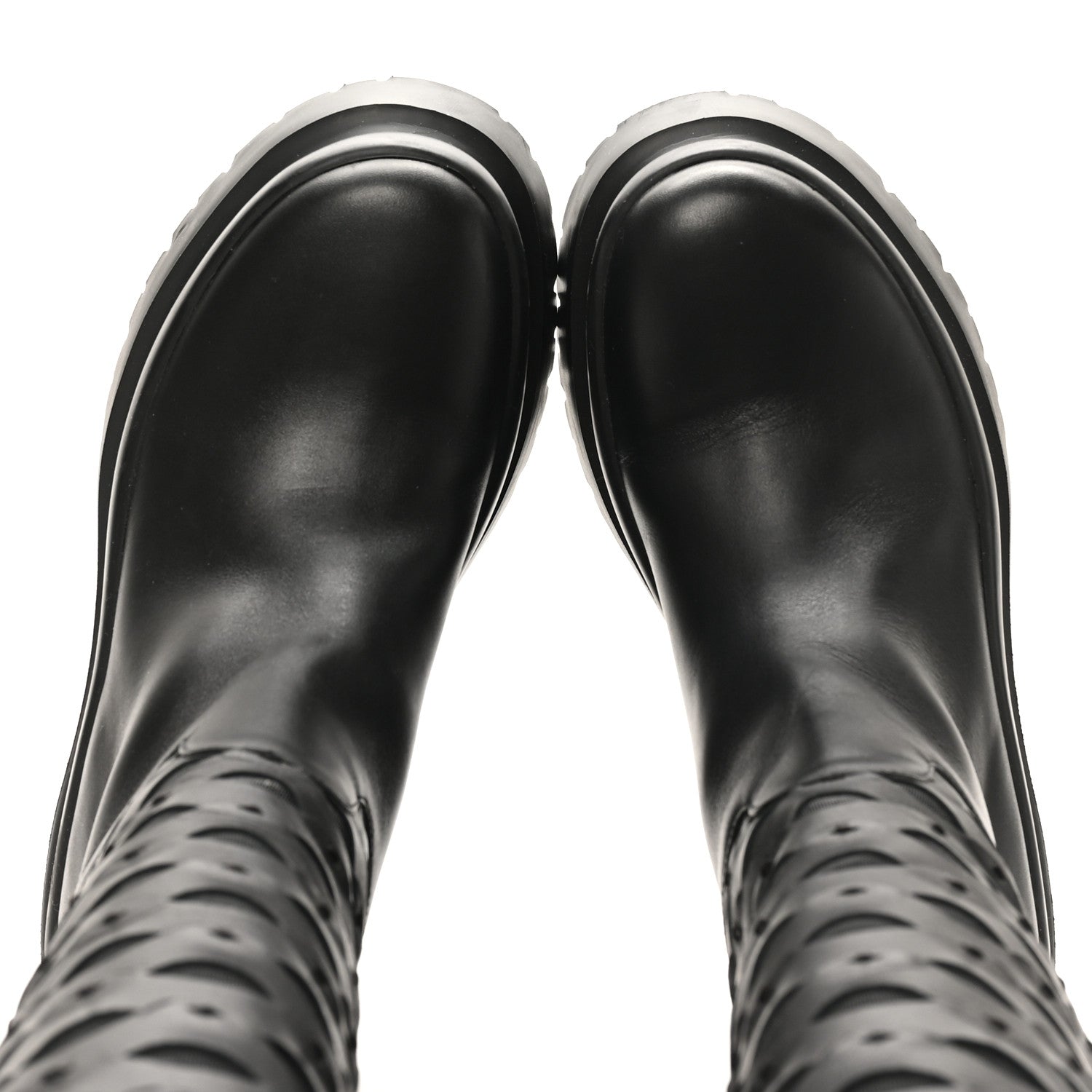 CALFSKIN MESH ROMAN STUD LASER CUT KNEE HIGH BOOTS BLACK