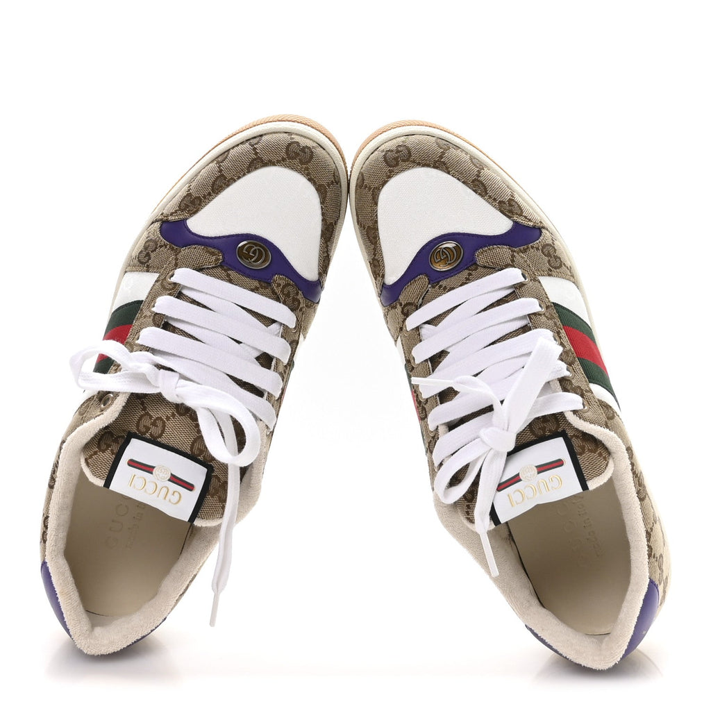 GG SUPEREME MONOGRAM CALFSKIN WEB MENS SCREENER SNEAKERS BEIGE EBONY WHITE SHINE PURPLE