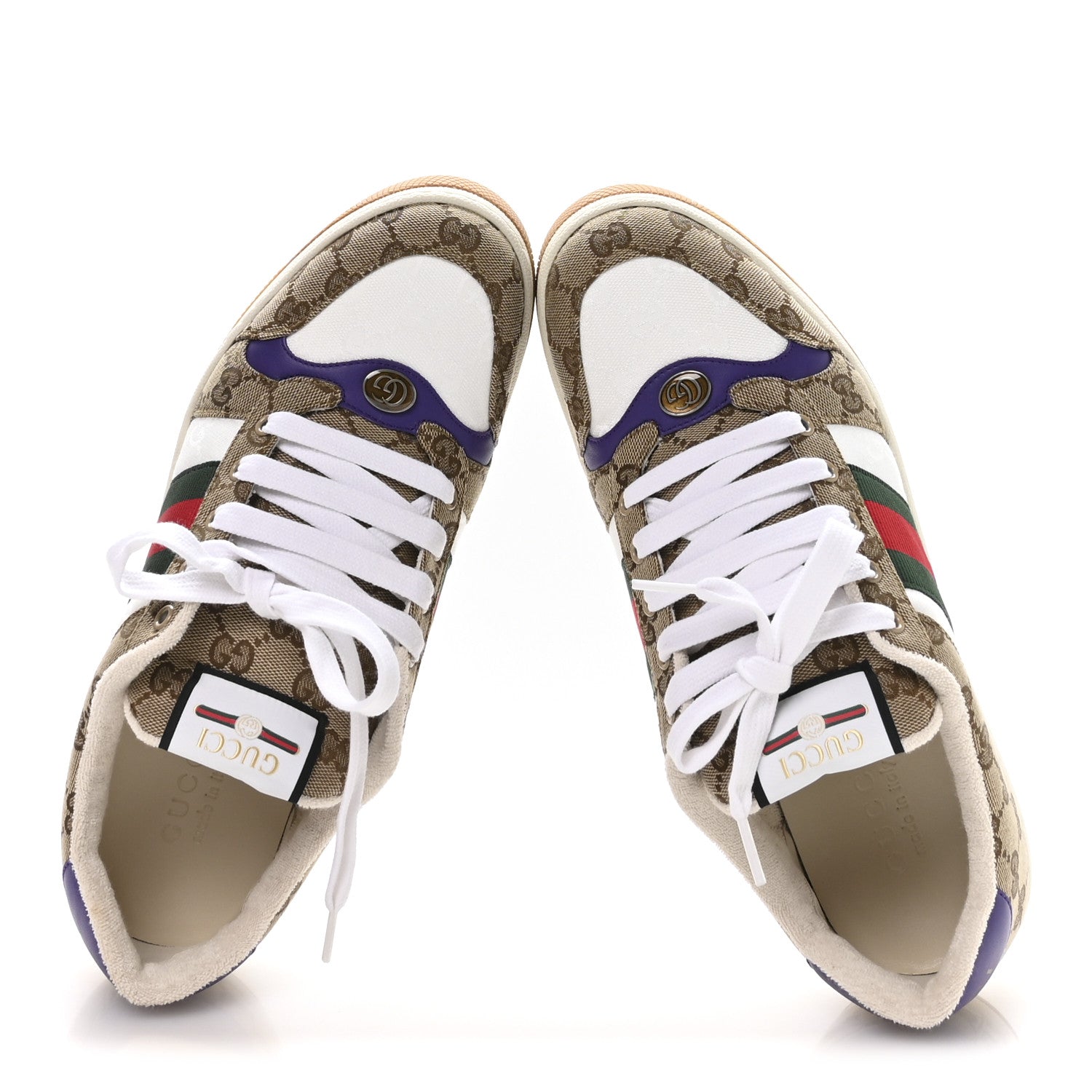 GG SUPEREME MONOGRAM CALFSKIN WEB MENS SCREENER SNEAKERS BEIGE EBONY WHITE SHINE PURPLE