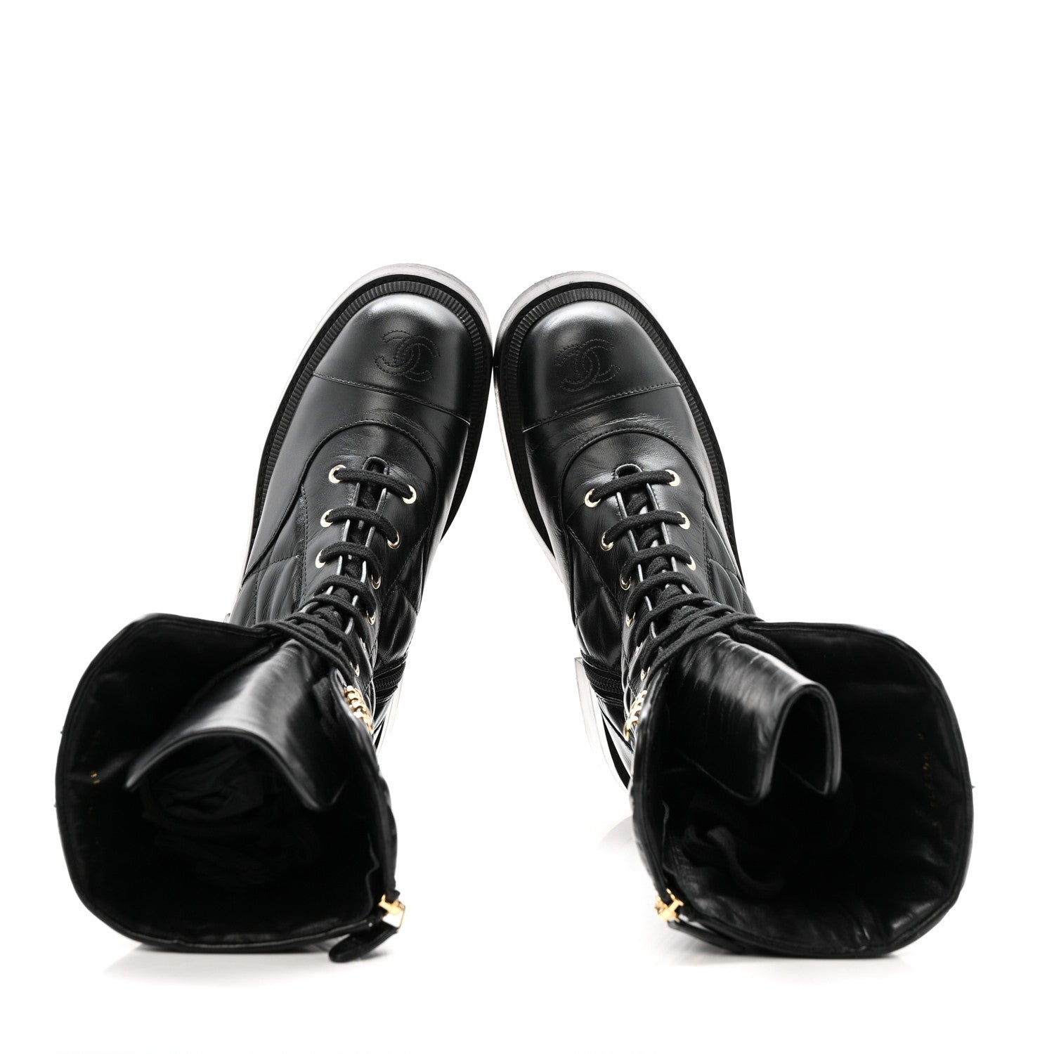 CALFSKIN QUILTED LOGO LACE UP TALL COMBAT BOOTS BLACK
