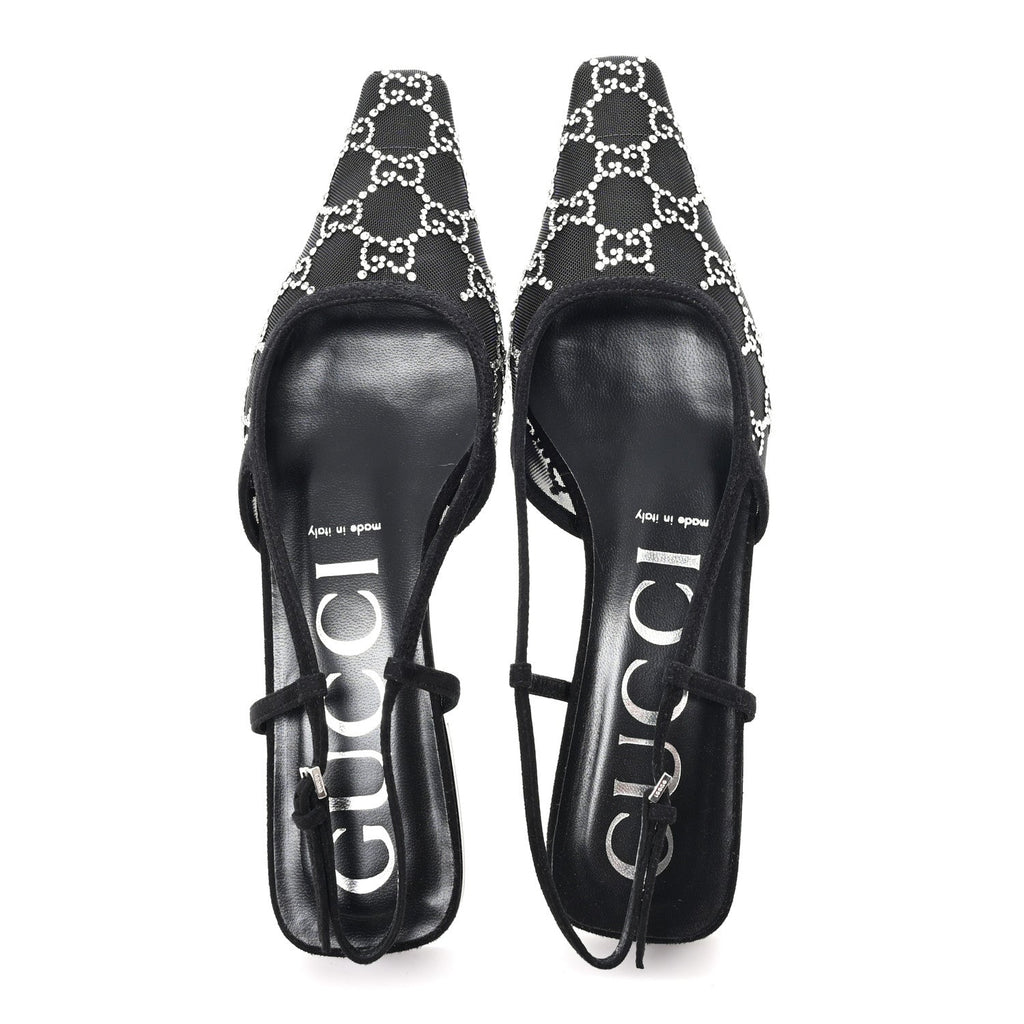 SUEDE MESH CRYSTAL GG MONOGRAM SLINGBACK BALLET FLATS BLACK