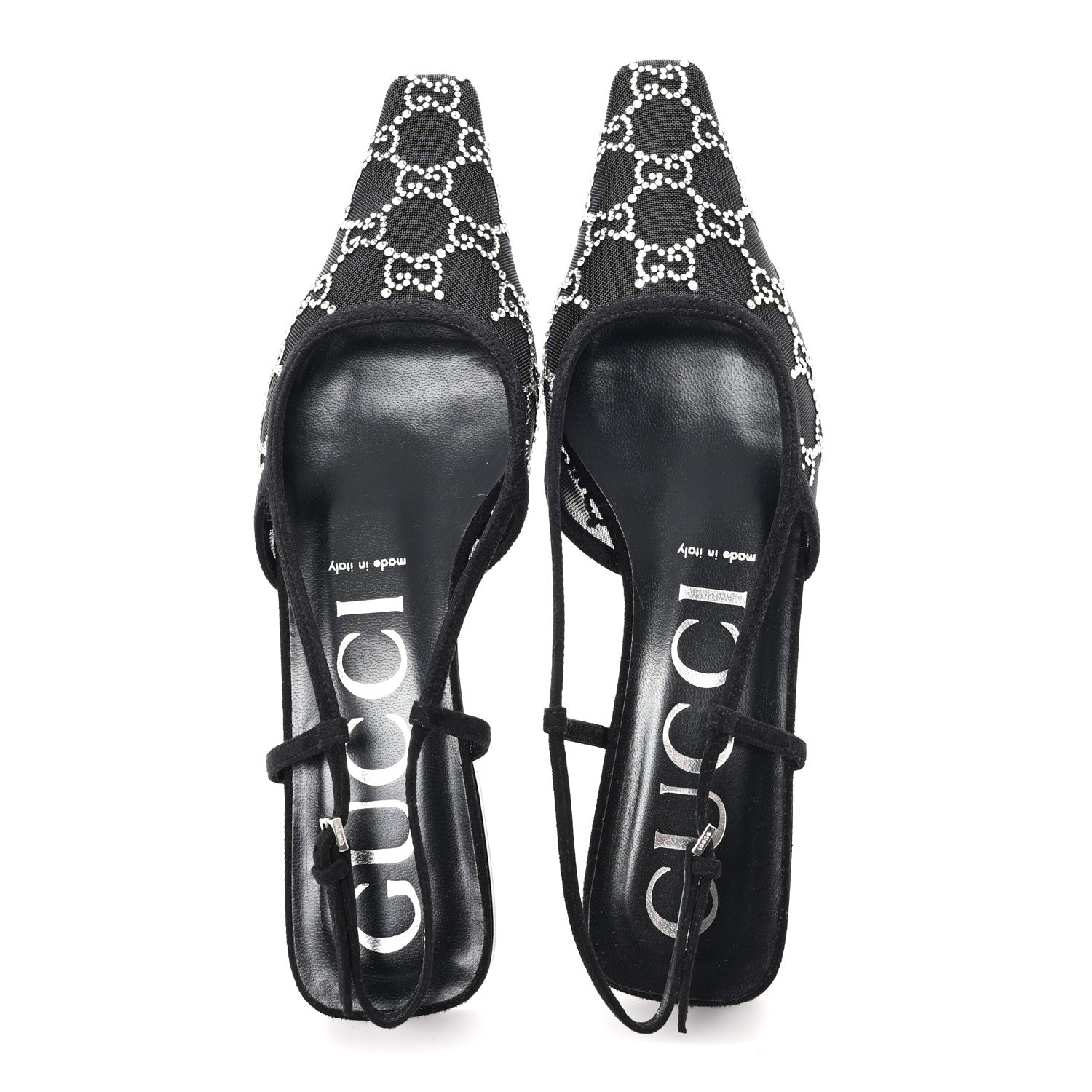 SUEDE MESH CRYSTAL GG MONOGRAM SLINGBACK BALLET FLATS BLACK