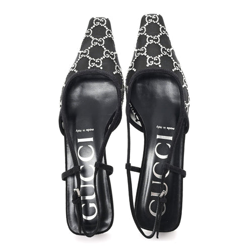 SUEDE MESH CRYSTAL GG MONOGRAM SLINGBACK BALLET FLATS BLACK