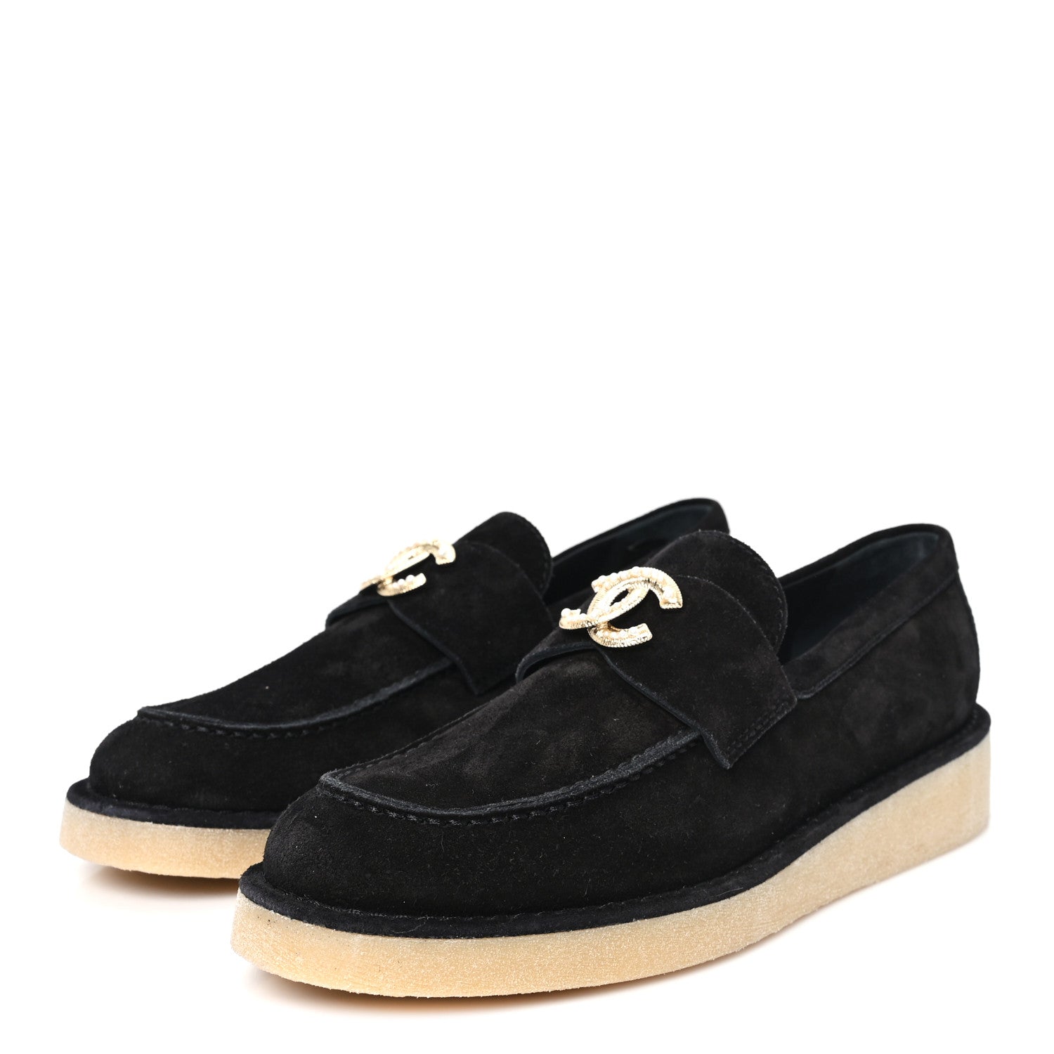 SUEDE CALFSKIN PEARL CC MOCCASIN LOAFERS BLACK