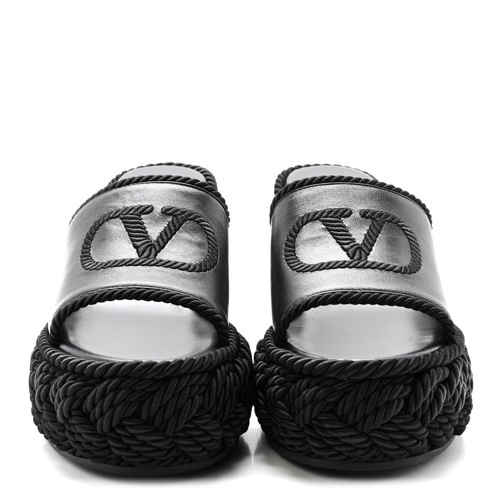 CALFSKIN SILK TORCHON VLOGO PLATFORM ESPADRILLE 100 WEDGE SANDALS BLACK
