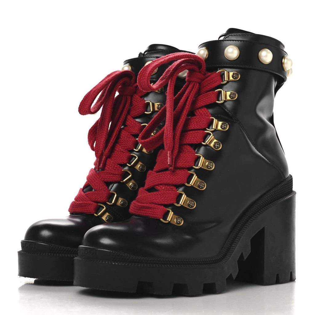 MAGNUM CALFSKIN PEARL LACE UP COMBAT ANKLE BOOTS BLACK