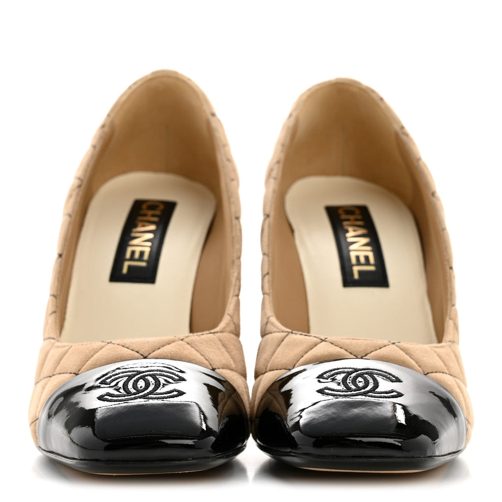 SUEDE KIDSKIN PATENT QUILTED CC CAP TOE PUMPS BEIGE BLACK