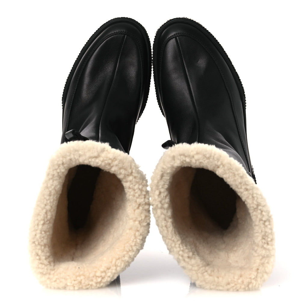CALFSKIN SHEARLING WOMENS JOURNEY ANKLE BOOTS BLACK ECRU