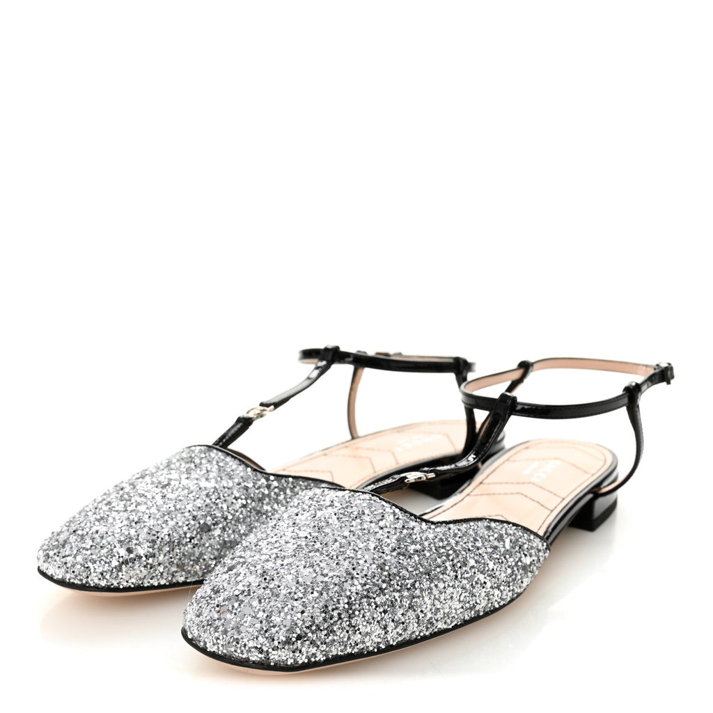 CALFSKIN GLITTER DOUBLE G SLINGBACK FLATS SILVER BLACK